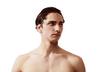 Portrait of young man posing shirtless isolated over white background. Wet hair after shower. Concept of male beauty, body and skincare