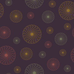 Pattern seamless illustration of abstract linear elements of spheres, vector isolated illustration on dark background.