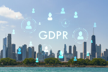 City view of Downtown skyscrapers of Chicago skyline panorama over Lake Michigan, harbor area, day time, Illinois, USA. GDPR hologram, concept of data protection regulation and privacy for individuals