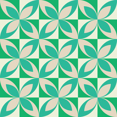 Mid century modern white and mint green geometric leaves seamless pattern on dark green squares. For retro backgrounds, wallpaper, fabric and home décor 