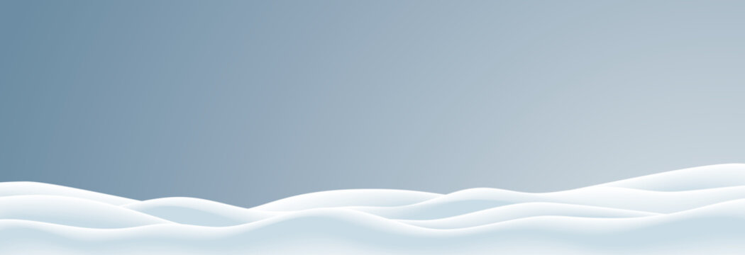 Christmas winter vector illustration of empty snowbanks field. Snow landscape, frozen hills, and snowdrifts decoration on a gradient blue background