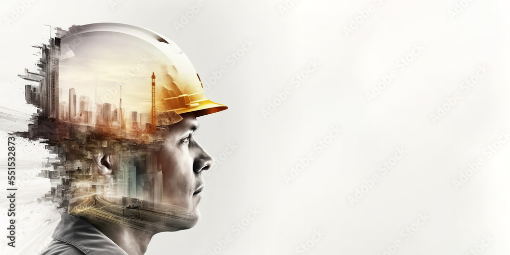 Poster future building construction engineering project devotion with double exposure graphic design. build