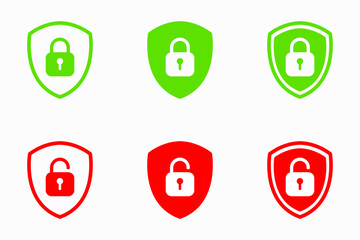 Set of Shield Lock and Unlock Icon. Symbol padlock. Vector sign Illustration.