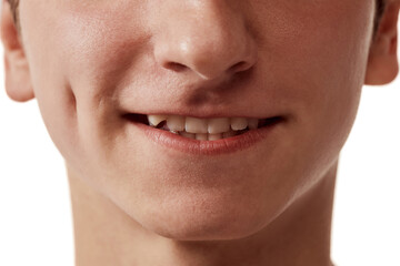 Cropped close-up image of male face, mouth and teeth over white background. Dental care. Concept of male beauty, skincare