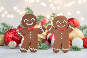 Cute Gingerbread man for Merry Christmas card. Cozy concept of Christmas and winter holidays.