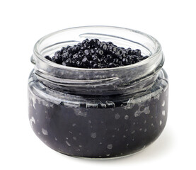 Jar of black caviar on a white background. Isolated