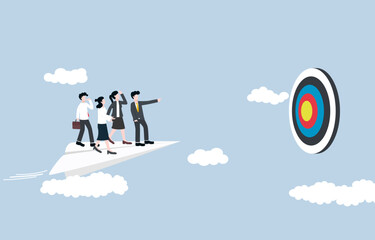 Leadership to reach target, team guidance to work in right direction, mentorship concept, Businessman manager on paper plane leading employees to big target.