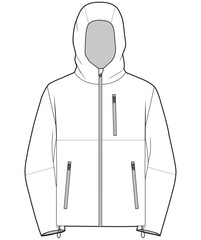 hooded windcheater jacket flat technical cad drawing vector template - obrazy, fototapety, plakaty