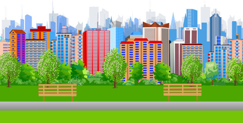 Vector illustration of a view in a modern city with benches in the park. Realistic style with many buildings, flowering trees, and skyline.