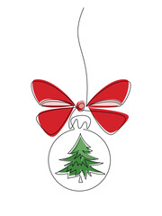 One line continuous Christmas tree ball with red bow vector illustration. Winter holiday hand drawing. Freehand linear icon. Print, banner, poster, postcard, New Year greeting card design.