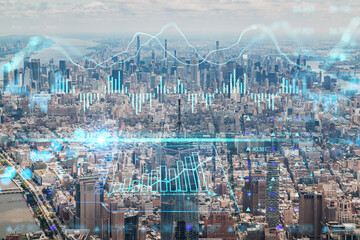 Plakat Aerial panoramic helicopter city view of Upper Manhattan, Midtown and Downtown, New York, USA. Forex candlestick graph hologram. The concept of internet trading, brokerage, analysis