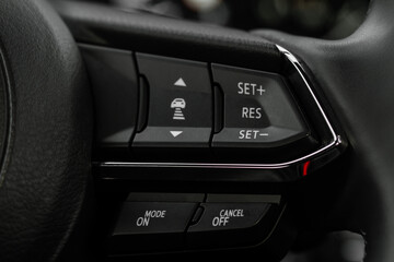 Cruise control switch closeup. Adaptive cruise control leaver. Cruise control on steering wheel.