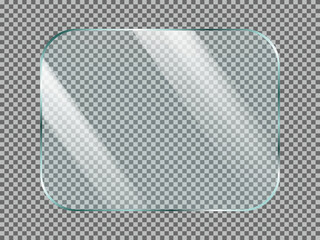 Reflecting glass plate or banner. Rectangular transparent window with rounded corners clear window with light reflections. Realistic vector illustration isolated on transparent background.