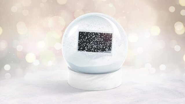 Gass snowglobe with rectangular photo mockup, snowy background, looped motion