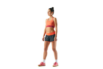 One sportive girl in sports uniform isolated over white background. Concept of sport, beauty, action, achievements, hobbies