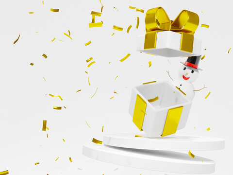 3D rendering,concept of christmas ,snowmen with white gift box open with golden pastel ribbon bow isolated on a white background. 3d render modern holiday surprise box.