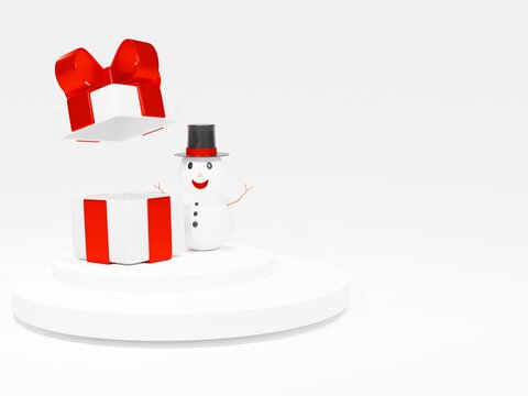 3D rendering,concept of christmas ,snowmen with white gift box open with red pastel ribbon bow isolated on a white background. 3d render modern holiday surprise box.