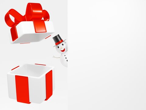 3D rendering,concept of christmas ,snowmen with white gift box open with red pastel ribbon bow isolated on a white background. 3d render modern holiday surprise box.