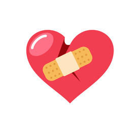 Red Broken Heart with Patch, Graphic Design Element for Valentines Day or Greeting Card. Love, Romantic Feelings Symbol