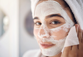 Beauty, facial and face mask on woman doing spa treatment at home with skincare, cosmetics and...