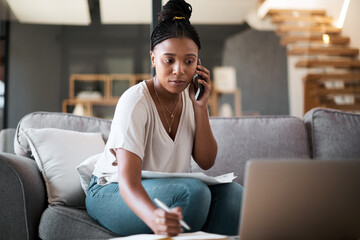 Woman, call and laptop budget planning conversation with online financial consultant to help with taxes on living room sofa. Black woman, work from home and remote internet fintech banking consulting - obrazy, fototapety, plakaty