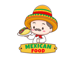 Tacos logo cartoon illustration. Cute chef wears sombrero hat holding tacos showing thumbs up. Mexican traditional street food. Adorable Mexican chef. Vector art illustration