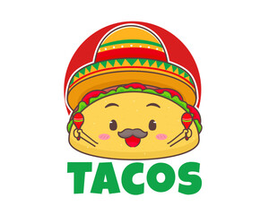 Cute tacos cartoon character. Mexican traditional street food. Fast food logo mascot illustration. Flat Cartoon Style.