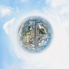 Globe panorama. 360 Degree Spherical panorama of Multilevel junction motorway top view, Road traffic an important infrastructure in Thailand.Expressway Road and Roundabout.