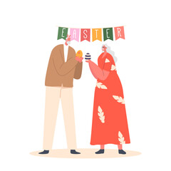 Senior Couple Characters Celebrate Easter. Aged Man and Woman Wear Rabbit Ears Stand under Festive Garland Cracking Eggs
