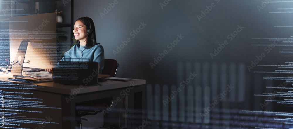 Aufkleber Office woman, digital overlay and night with computer, it vision or cyber security mockup. Cyber programmer, happy worker or big data expert in web coding workspace for information technology in dark