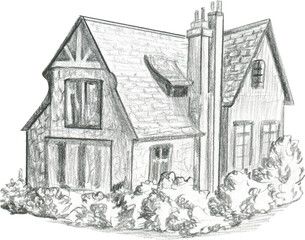 Graphic drawing with a simple pencil of an English stone house