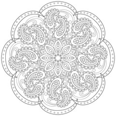 Colouring page, hand drawn, vector. Mandala 129, ethnic, swirl pattern, object isolated on white background.