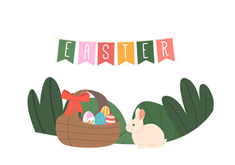Easter Hunt Concept with Colorful Eggs in Basket with Festive Bow, Cute Rabbits and Flag Garland. Spring Festive Gift