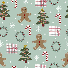 Christmas seamless pattern with Christmas tree  Chocolate cookies, candy canes, holly garlands, presents, snow and snowflakes on a green background.
