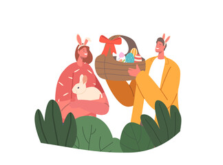 Young Couple Characters Celebrate Easter. Man and Woman Wear Rabbit Ears, Basket with Colorful Painted Eggs and Bunny
