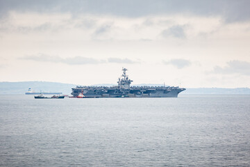 View of military ship in Adriatic sea near Trieste, Italy