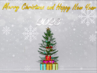 Christmas background 3D rendering. Top view of Christmas tree with spruce branches, pine cones on snow white  background.