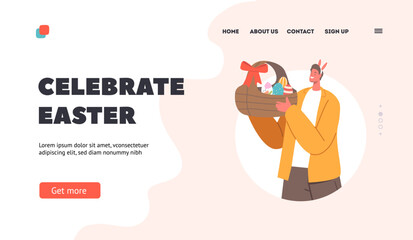 Easter Holiday Celebration Landing Page Template. Adult Man with Painted Egg in Wicker Basket. Male Character with Eggs