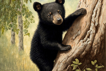 Black bear baby at play, being cute while exploring a dead tree. - obrazy, fototapety, plakaty