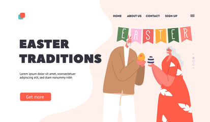 Easter Traditions Landing Page Template. Senior Couple Characters Celebrate Easter. Aged Man and Woman Wear Rabbit Ears