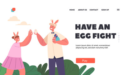 Egg Fight Landing Page Template. Happy Kids Easter Hunt. Boy and Girl Friends or Siblings Characters Hitting with Eggs