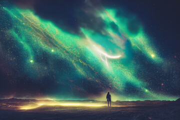 Obraz na płótnie Canvas Splendid scenic night of vibrant color starry galaxy universe in bizarre sky horizon with a person on the ground. A man with background of space and cosmical light in digital art AI generated image