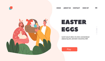 Young Couple Characters Celebrate Easter Landing Page Template. Man and Woman Wear Rabbit Ears, Basket with Eggs