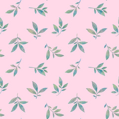 Pattern with watercolor green leaves on branches. Abstract botanical background from watercolor leaves.