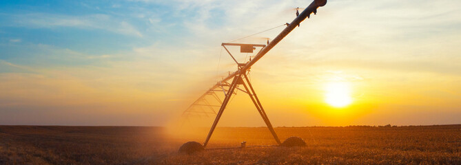 Fototapeta na wymiar Agricultural irrigation system watering wheat field at summer sunset