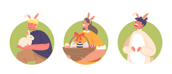 Easter Game, Fun, Amusement for Children Isolated Round Icons or Avatars. Girl Wear Rabbit Ears Holding Basket with Eggs