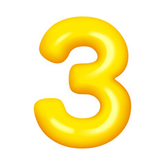 Three number 3d numeral, third anniversary balloon, wedding greeting cards elegant sign. Vector birthday party font, 3rd numeral of golden yellow metal, 3 elegant balloon greeting cards decor