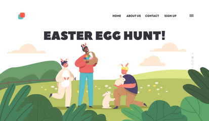 Easter Egg Hunt Landing Page Template. Happy Kids with Cute Rabbits and Painted Colorful Eggs in Basket in Spring Garden