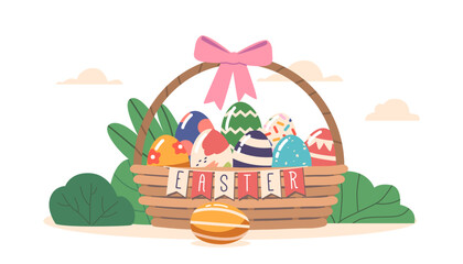 Easter Hunt Concept with Colorful Eggs in Basket with Flag Garland and Festive Bow. Spring Festive Gift Design Element