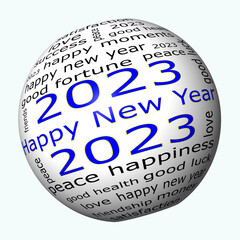 Happy New Year 2023 wordcloud - 3D illustration